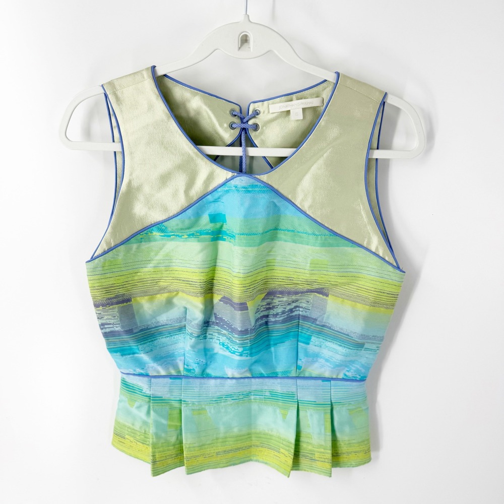 Jonathan Simkhai Abstract Print Peplum Top Metallic Open Back Green Blue Size 6